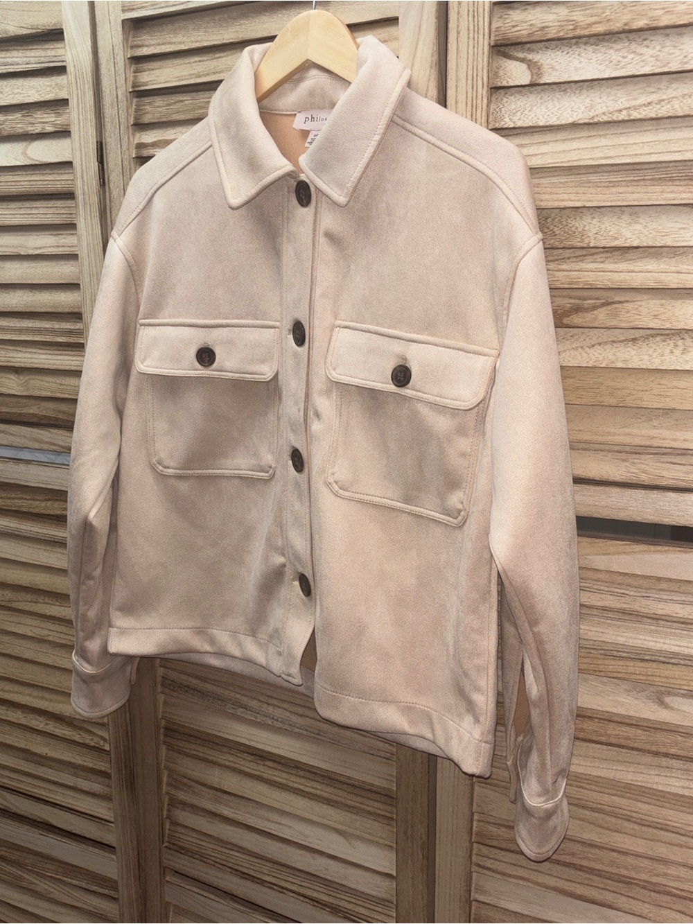 Philosophy Faux Suede Trucker Jacket – Pastel Pink – Size S
